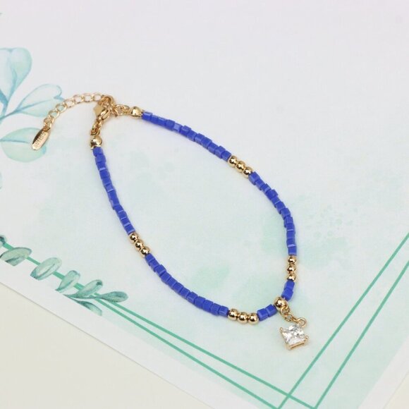 Elegant Rose Gold Bracelet with Blue Beads and Sparkling Charm, XPBL0634 - Picture 5 of 12